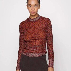 Farm Rio Women’s Top Leopard Pop Caramel Tulle Mesh Sheer Long Sleeve | Size L